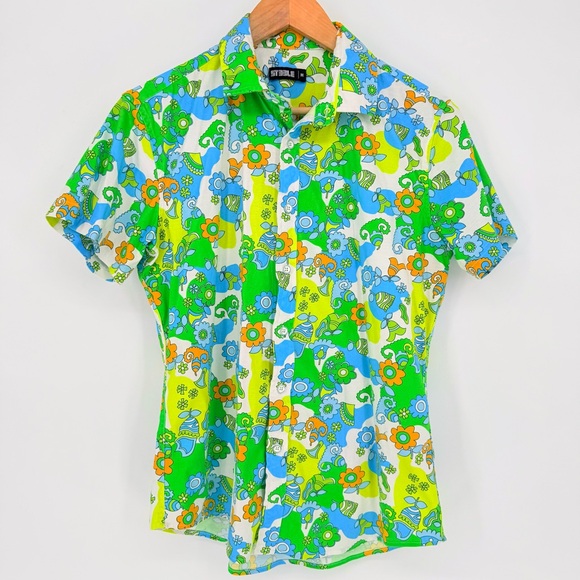 ST33LE Mens Short Sleeve Shirt Medium 100% Cotton Retro Mod Psychedelic Floral - Picture 3 of 12